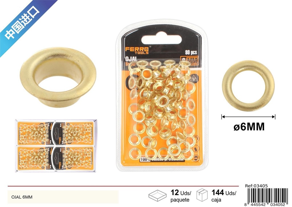 Ojales de metal dorado 6mm - Ferretería y accesorios