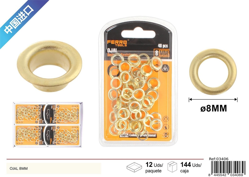 Ojales de metal dorado con cojín 8mm - Ferretería y herramientas