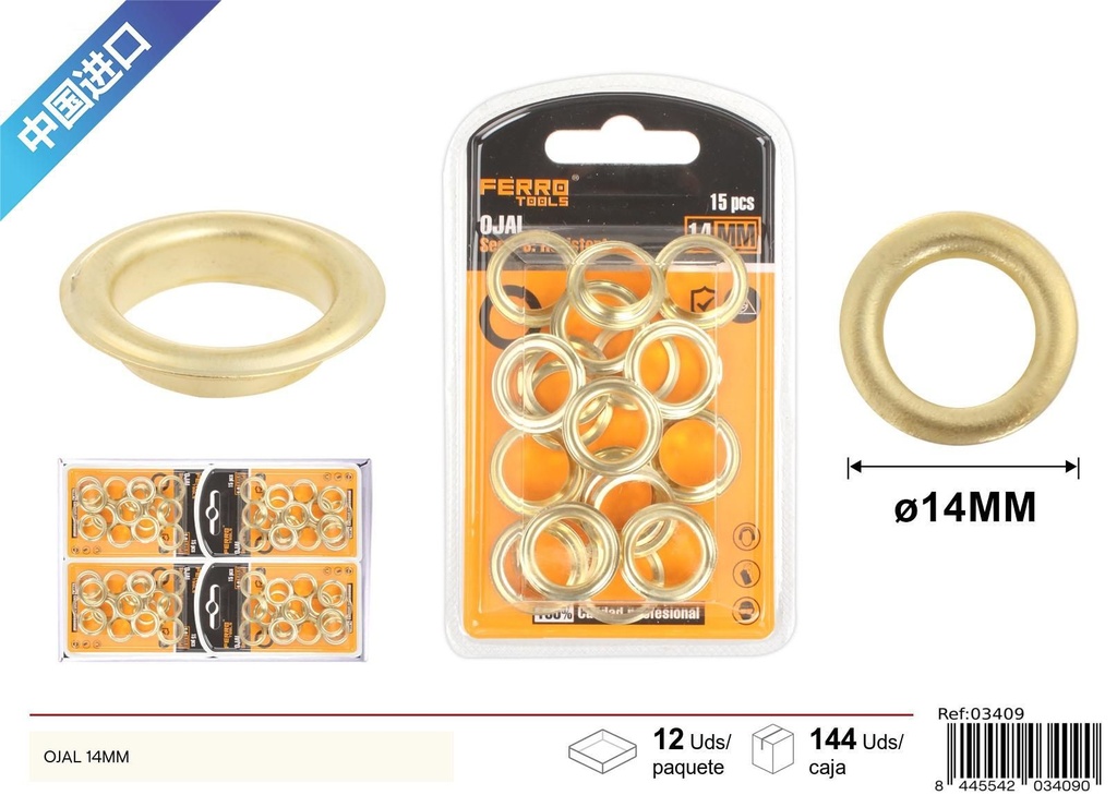 Ojales de metal dorado con cojín 14mm - Ferretería y herramientas