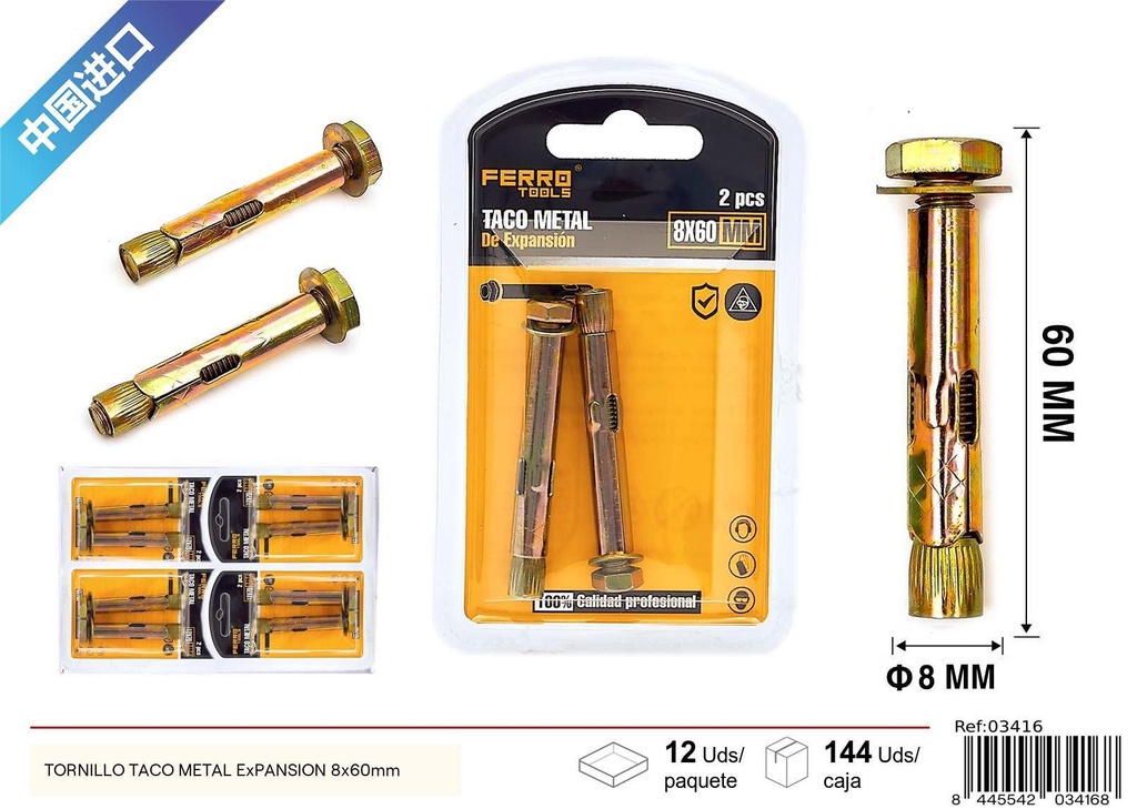 Tornillo taco de metal expansión 8x60mm para fijación y sujeción