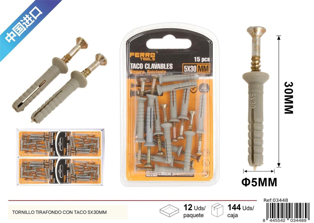 Tornillo tirafondo con taco 5X30MM, accesorios de ferretería