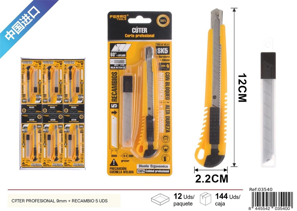 Cúter profesional 9 mm con recambio de cuchillas (set de 5) - Herramientas de ferretería