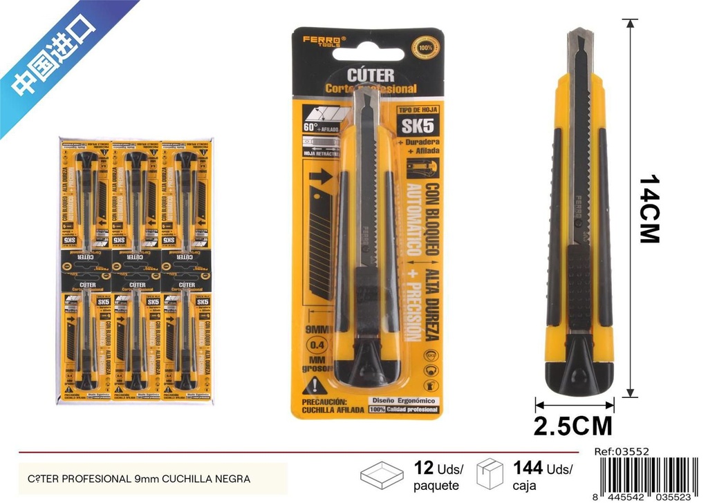 Cúter profesional 9 mm con cuchilla negra - Herramientas de ferretería