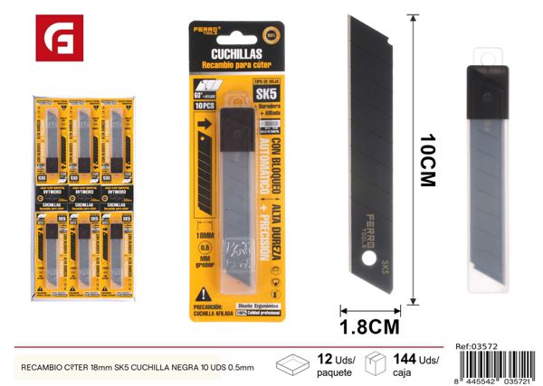 Recambio cúter 18mm SK5 cuchilla negra 10uds para bricolaje