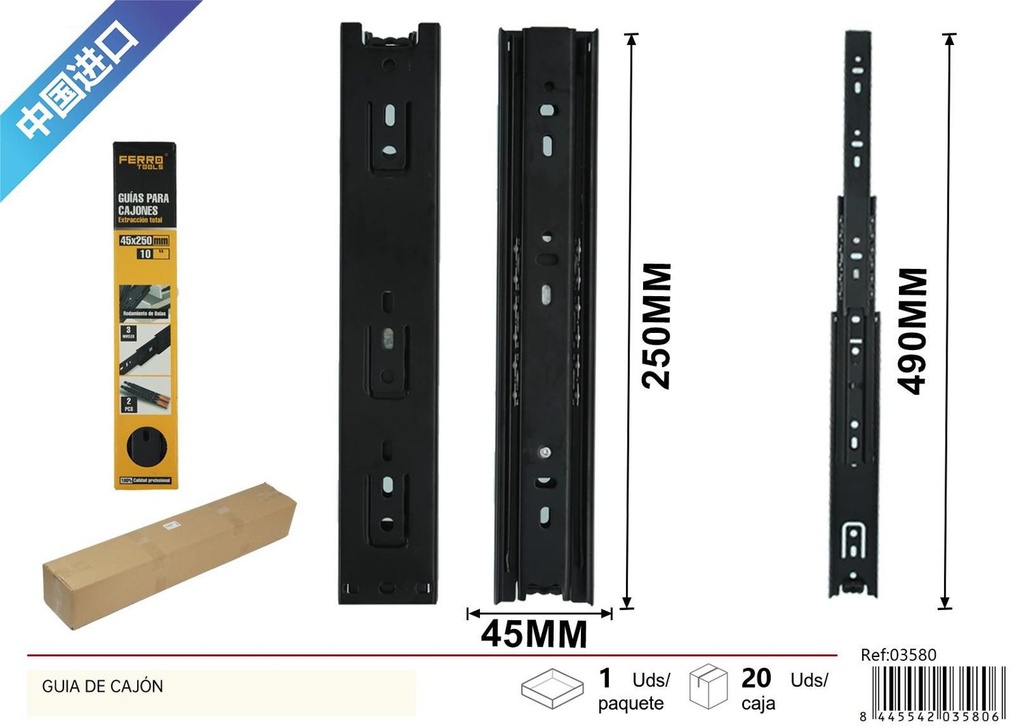 Guía de cajón 45x250mm - Herrajes y accesorios para muebles