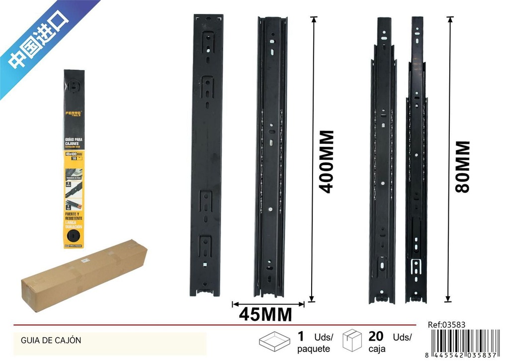Guía de cajón 3 niveles 45x400mm - Herrajes y accesorios de ferretería