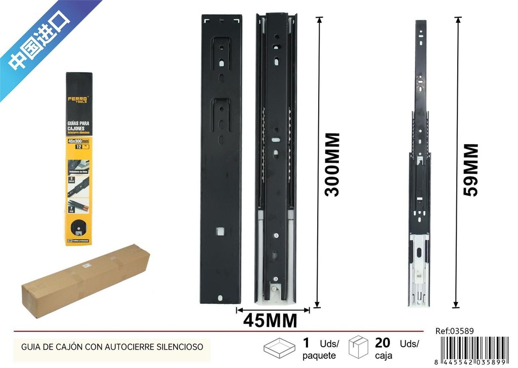 Guía de cajón con autocierre silencioso 45x300mm para muebles