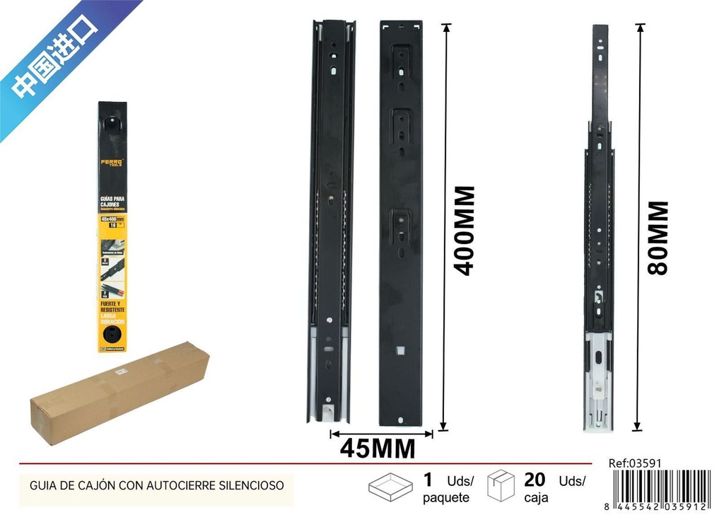 Guía para cajón con autocierre silencioso 45x400mm