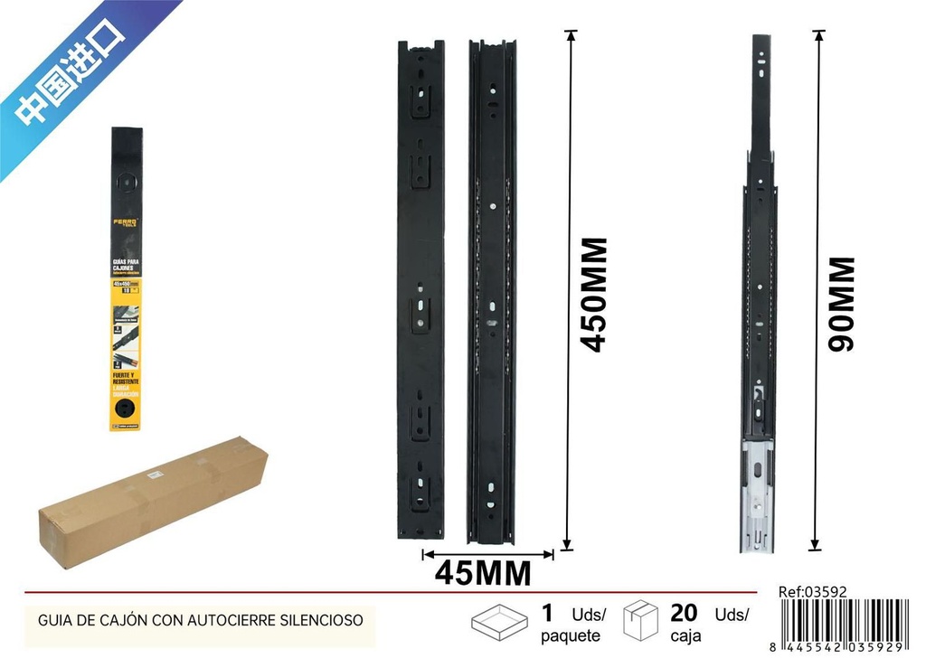 Guía de cajón con autocierre silencioso 45x450mm