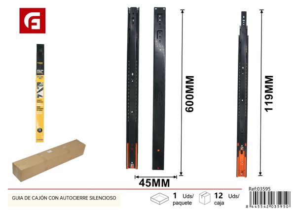 Guía de cajón con autocierre silencioso 45x600mm para muebles