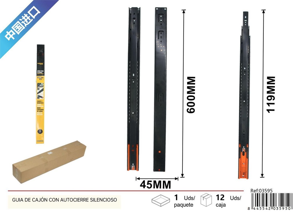 Guía de cajón con autocierre silencioso 45x600mm para muebles