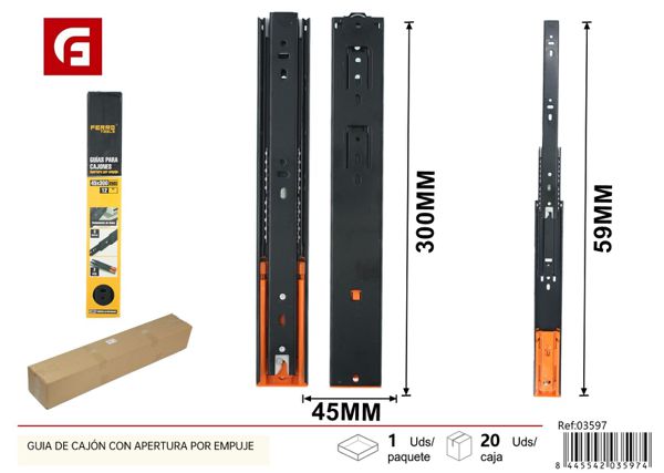 Guía de cajón con apertura por empuje 45x300mm