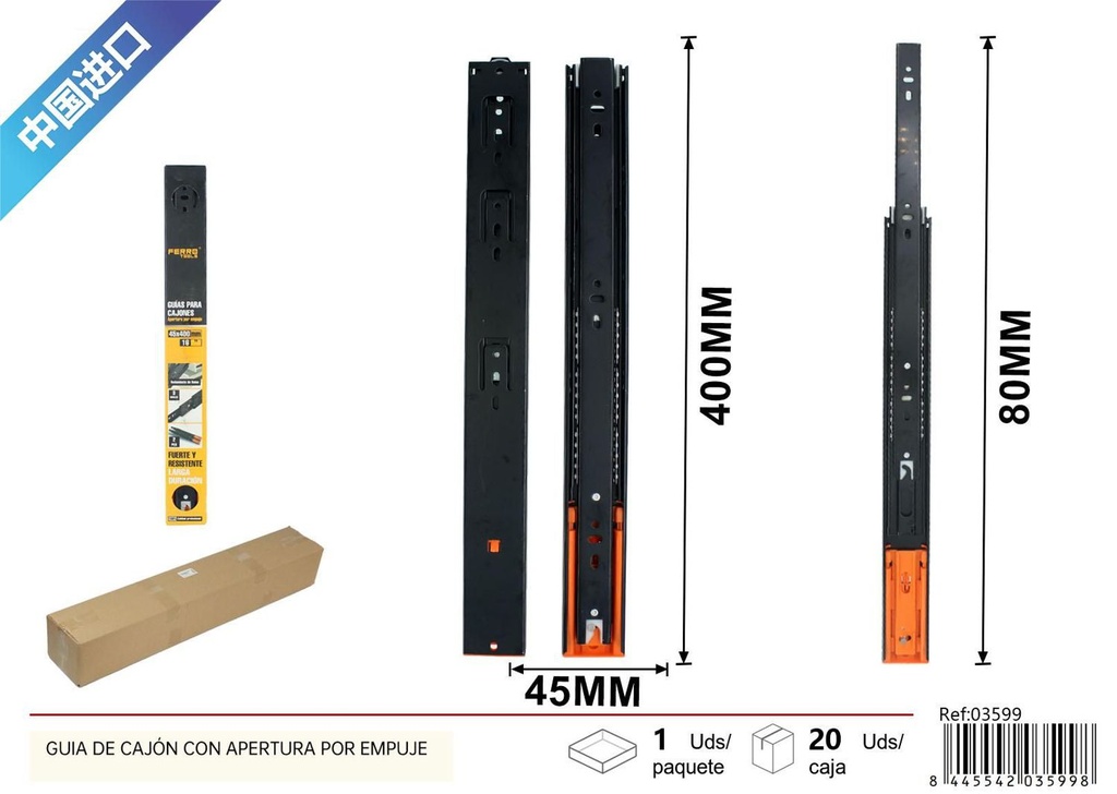Guía de cajón 45x400mm apertura por empuje herrajes