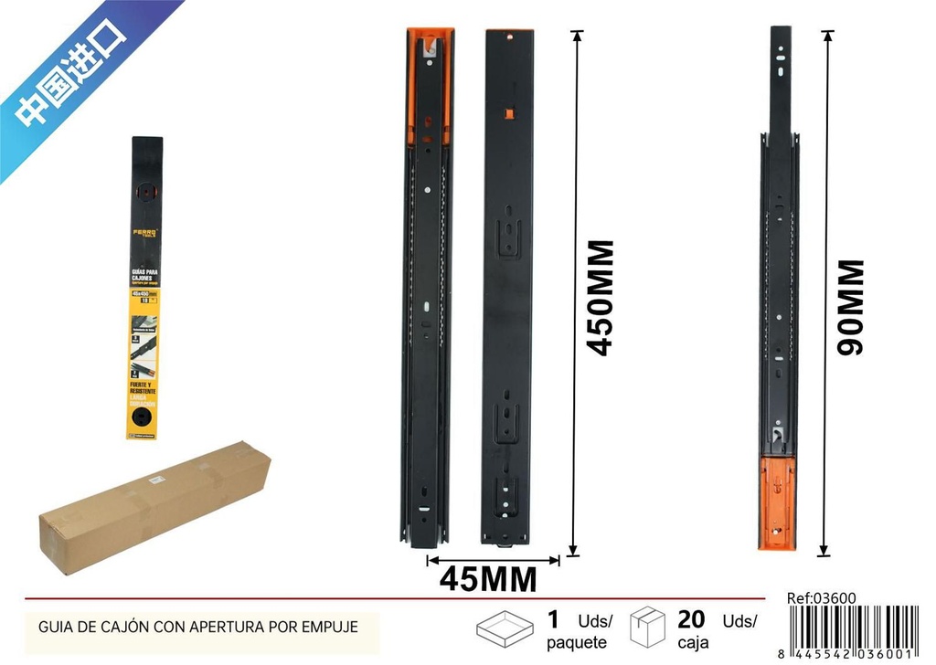 Guía de cajón con apertura por empuje 45*450mm
