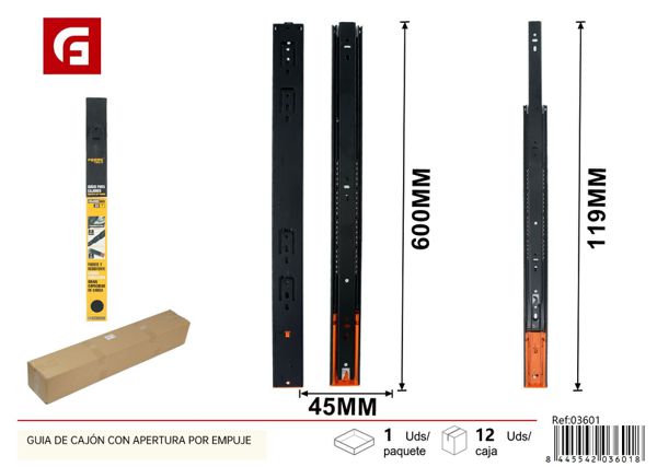 Guía de cajón con apertura por empuje 45x500mm para muebles