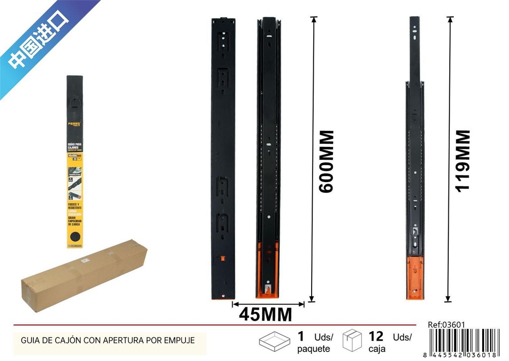 Guía de cajón con apertura por empuje 45x500mm para muebles