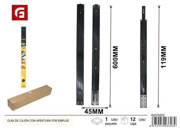 Guía de cajón con apertura por empuje 45x600mm para muebles