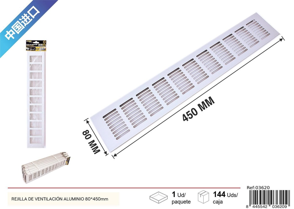 Rejilla de ventilación de aluminio 80x450mm - Accesorios de ferretería