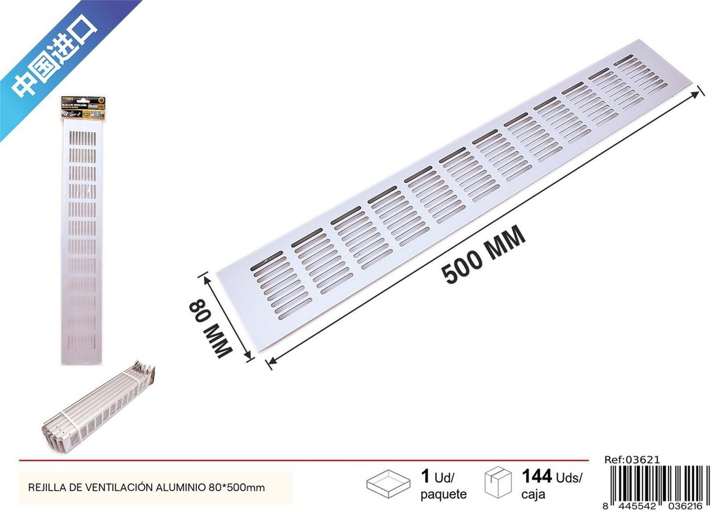 Rejilla de ventilación de aluminio 80x500mm para baños y cocinas