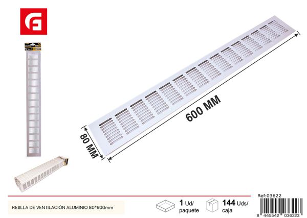 Rejilla de ventilación de aluminio 80x600mm 1.2mm plateada