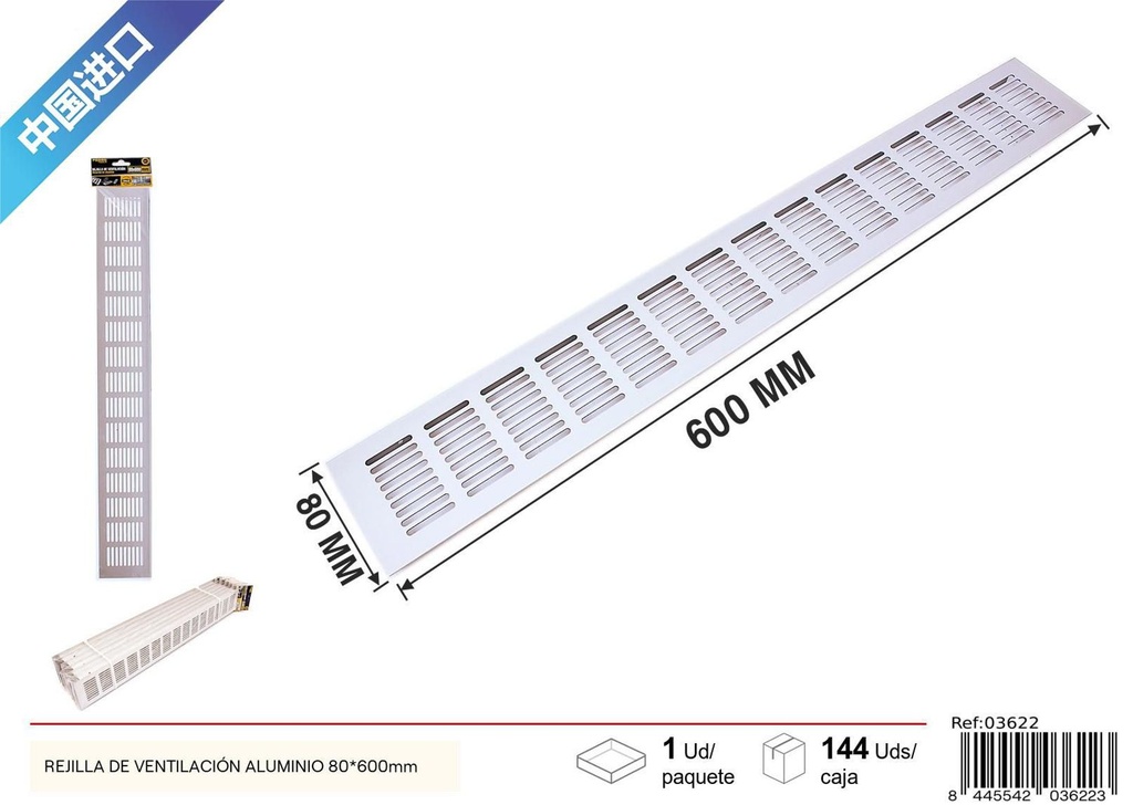 Rejilla de ventilación de aluminio 80x600mm 1.2mm plateada