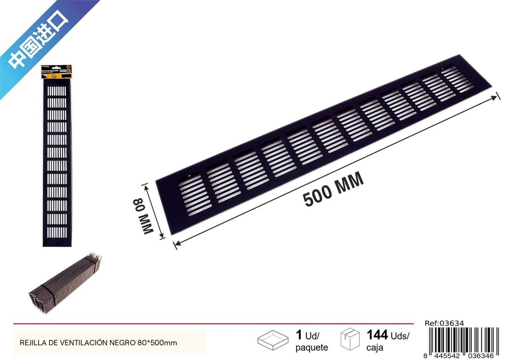 Rejilla de ventilación negra de aluminio 80x500mm