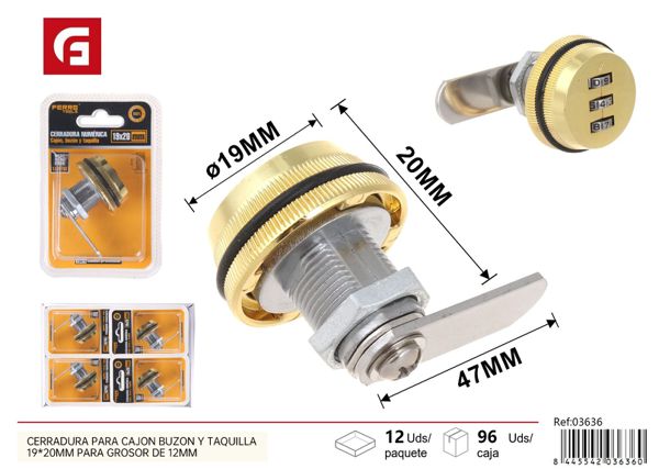 Cerradura numérica para cajón, buzón y taquilla 19x20mm grosor 12mm oro