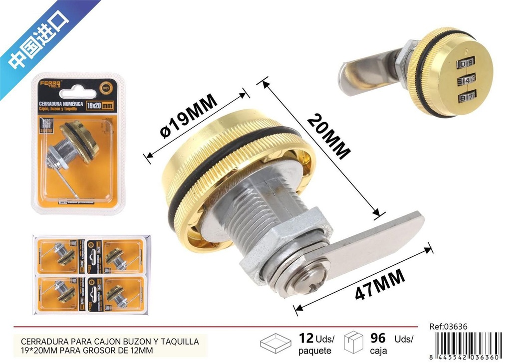 Cerradura numérica para cajón, buzón y taquilla 19x20mm grosor 12mm oro