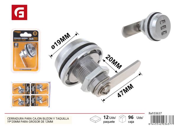 Cerradura numérica para cajón, buzón y taquilla 19x20mm grosor 12mm plata