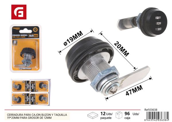 Cerradura numérica para cajón, buzón y taquilla 19x20mm grosor 12mm negra para seguridad