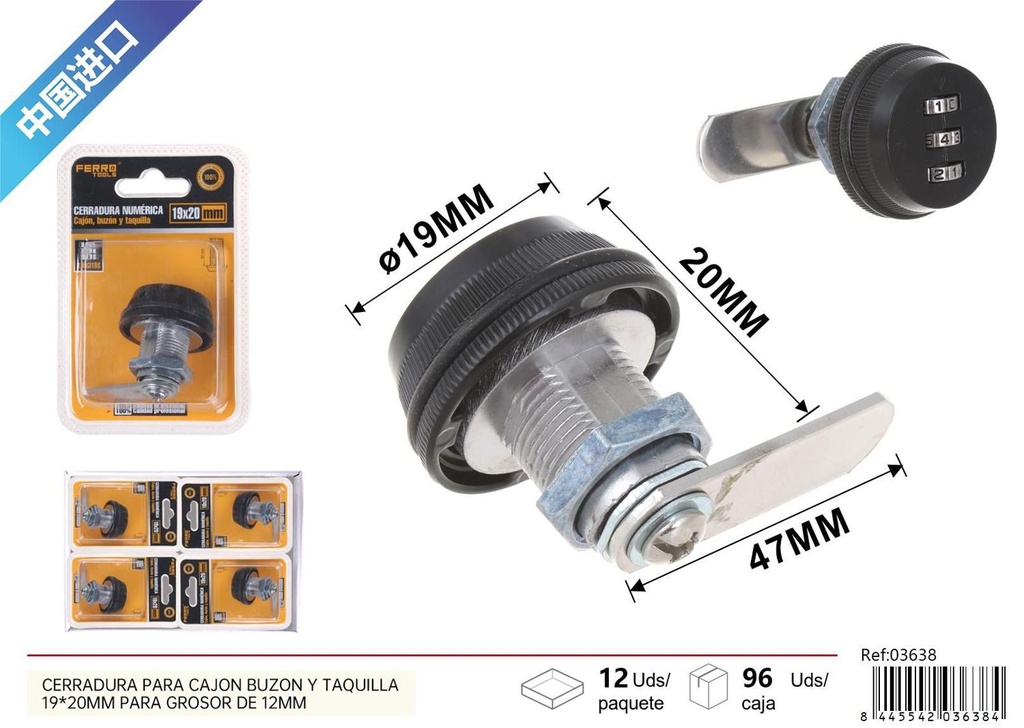 Cerradura numérica para cajón, buzón y taquilla 19x20mm grosor 12mm negra para seguridad