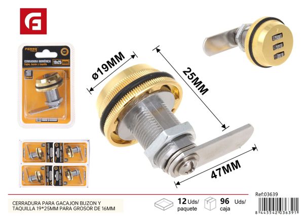 Cerradura numérica para cajón, buzón y taquilla 19x25mm oro