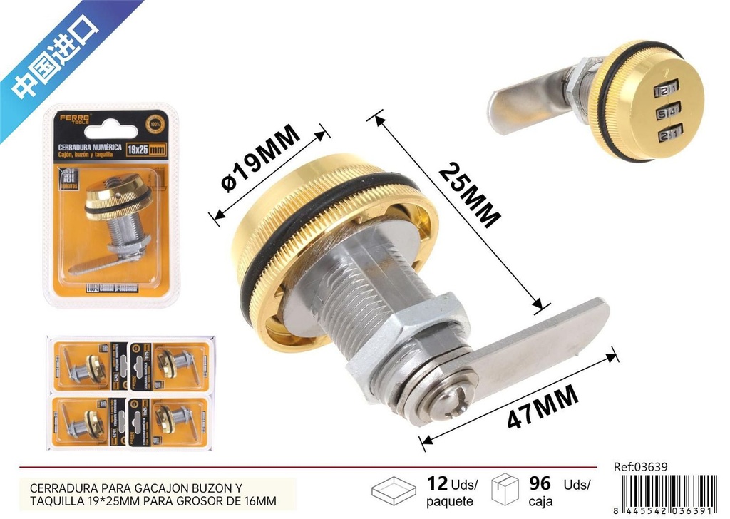 Cerradura numérica para cajón, buzón y taquilla 19x25mm oro