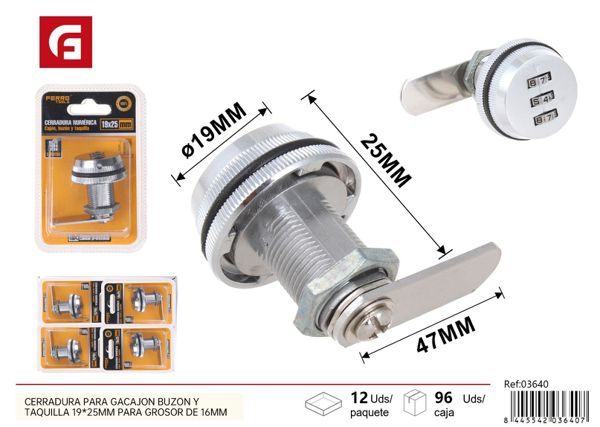 Cerradura numérica para cajón buzón y taquilla 19x25mm grosor 16mm plata