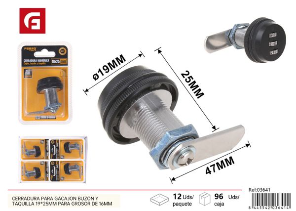 Cerradura numérica para cajón, buzón y taquilla 19x25mm grosor 16mm negra