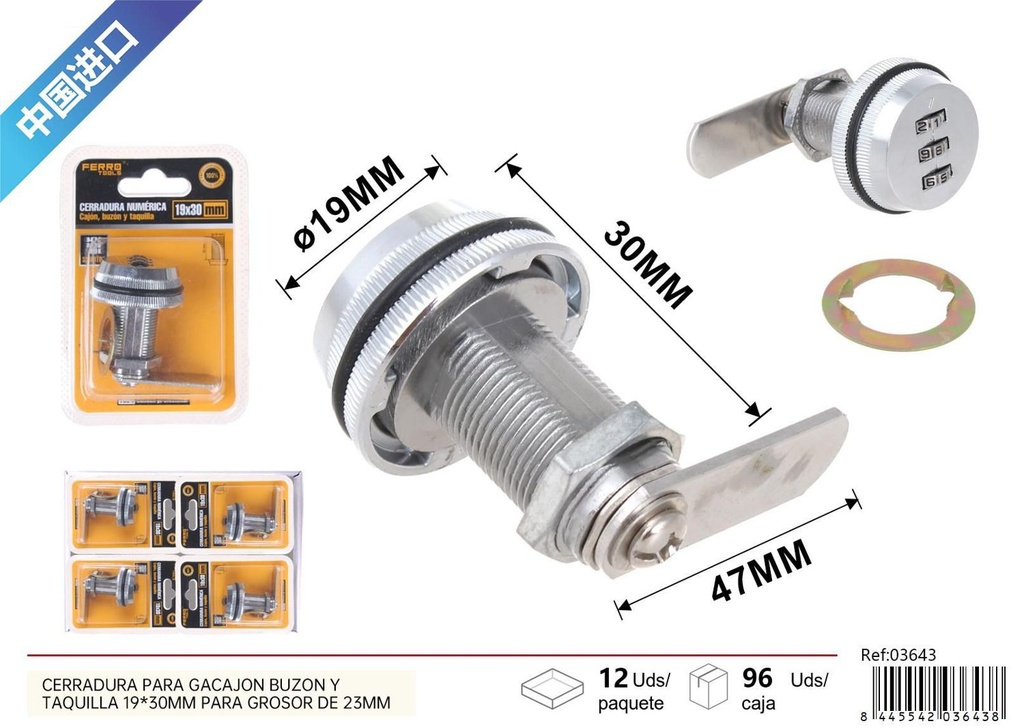 Cerradura numérica para cajón y taquilla 19x30 mm, grosor 23 mm - Herrajería