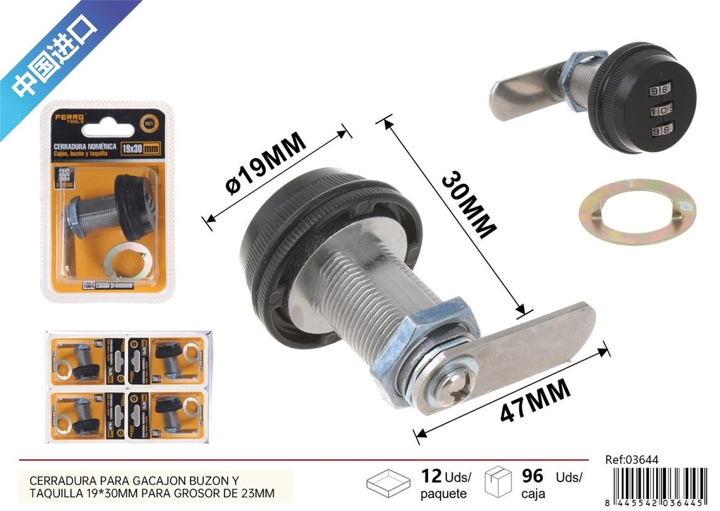 Cerradura numérica para cajón, buzón y taquilla 19x30mm grosor 23mm negra para seguridad