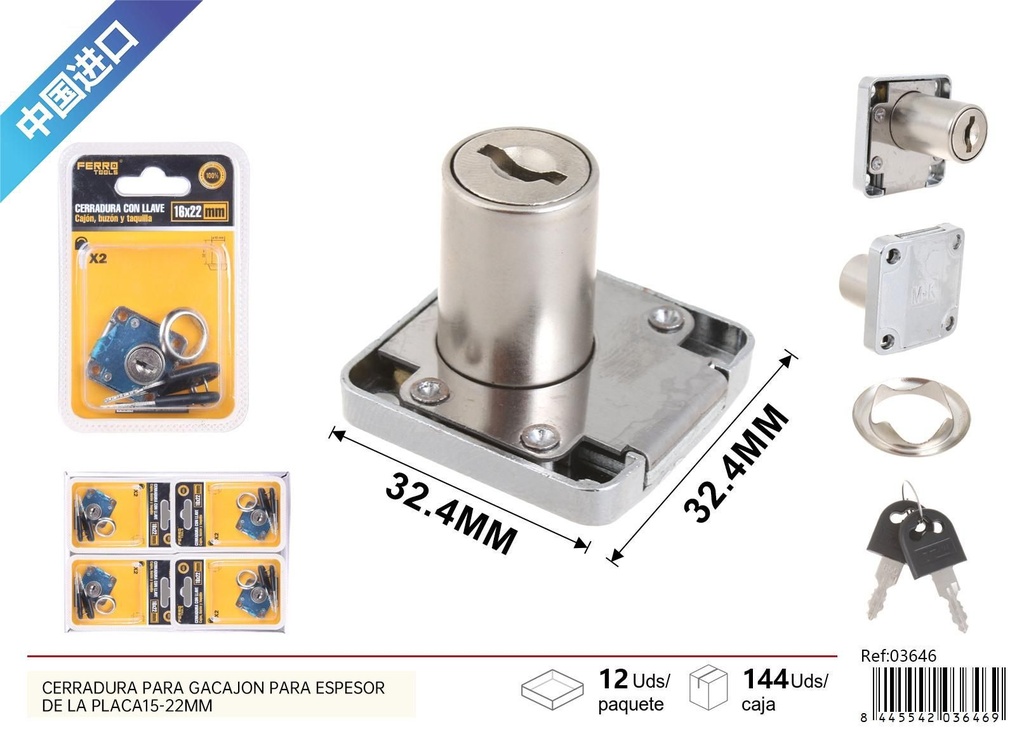 Cerradura c/llave grosor 15-22mm - Ferretería y accesorios para muebles