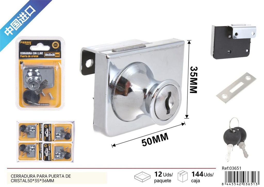 Cerradura para puerta de cristal con llave 50x35x36 mm - Herrajería