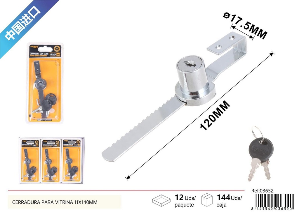 Cerradura para vitrina con llave 11x140mm para seguridad