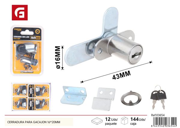 Cerradura para cajón con llave 16x20mm para seguridad