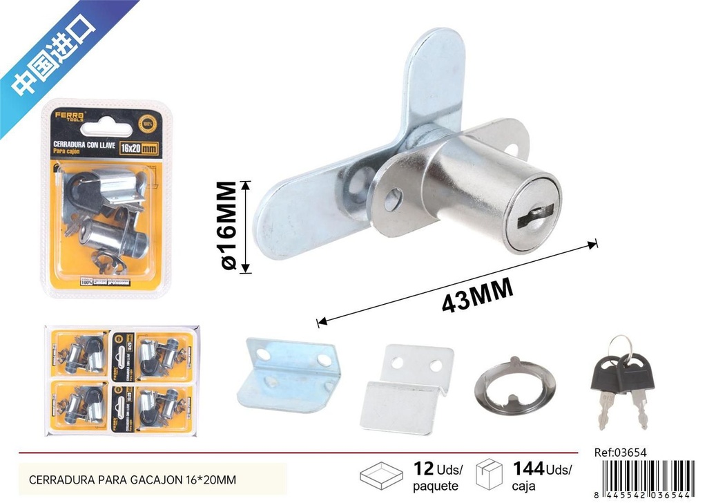 Cerradura para cajón con llave 16x20mm para seguridad