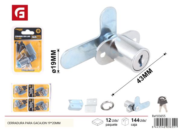 Cerradura para cajón con llave 19x20mm zinc plateado