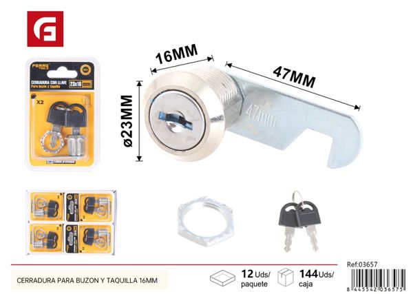 Cerradura para buzón y taquilla con llave 16mm para seguridad