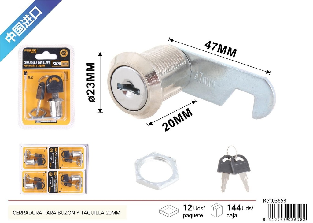 Cerradura para buzón y taquilla con llave 20mm - Accesorios para muebles