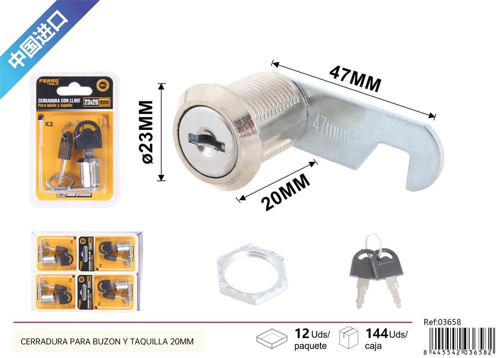 Cerradura para buzón y taquilla con llave 20mm