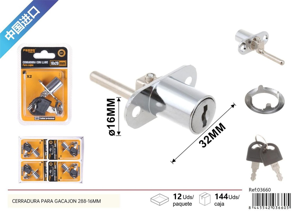 Cerradura para cajón con llave 288-16 mm - Accesorios para muebles
