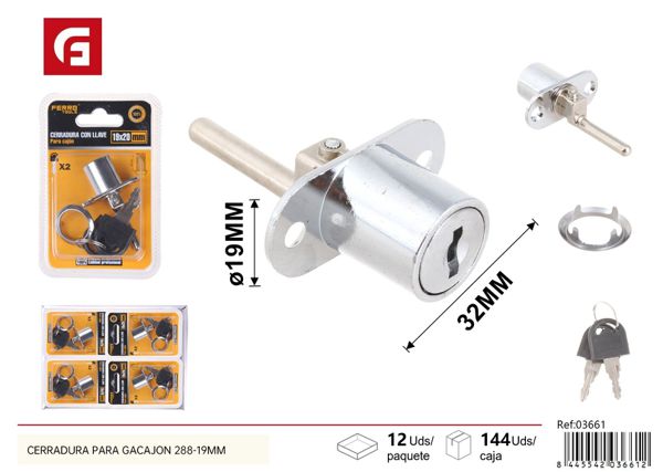 Cerradura para cajón con llave 288-19mm zinc