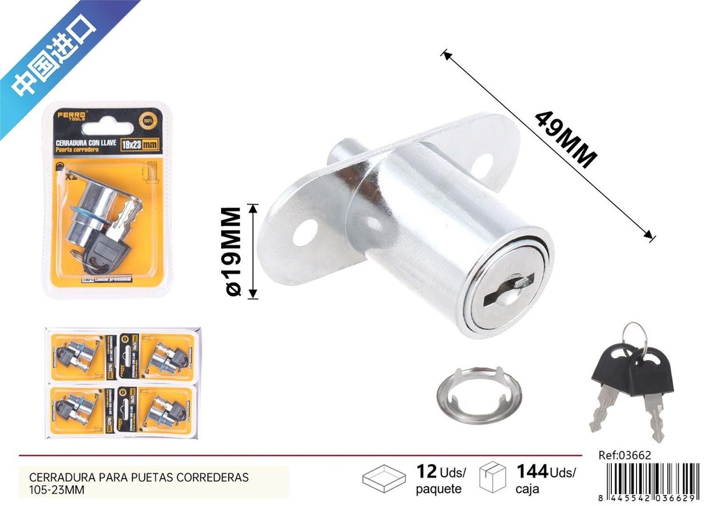 Cerradura para puertas corredizas con llave 105-23mm - Accesorios de muebles