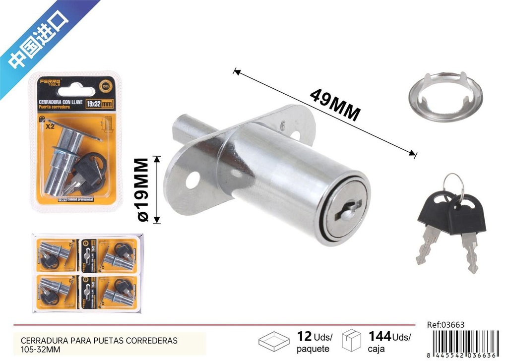 Cerradura para puertas corredizas con llave 105-32 mm - Ferretería